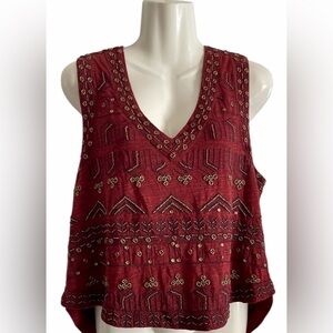 Free People Burgundy Embroidered Blouse